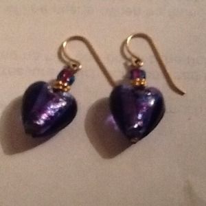 Glass see thru purple heart dangling earrings