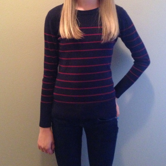 Navy sweater with red stripes