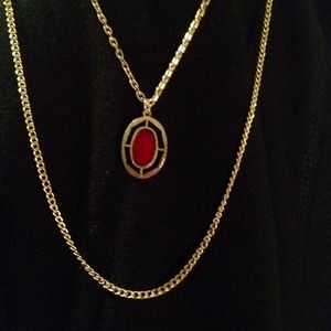 🔴GOLD TONE DOUBLE CHAIN RED PENDANT NECKLACE🔴
