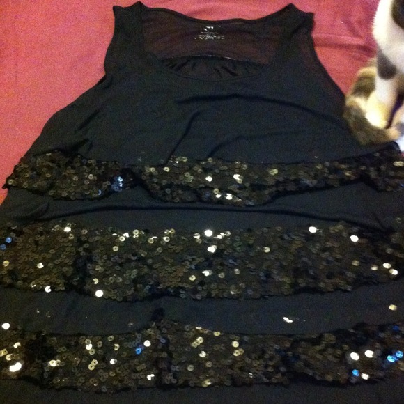 Black sequins and mesh layered tank.