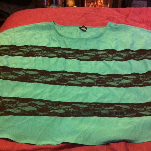 Torrid teal, lace striped short sleeve blouse