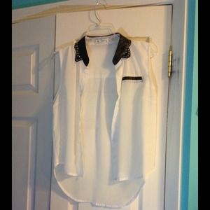 Sheer White Top with Faux Leather Collar