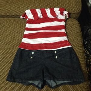 Red and White Romper, strapless