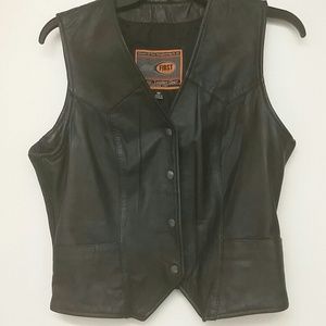 Women's Black leather biker vest.
