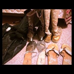 Boots, flip flops, and jacket