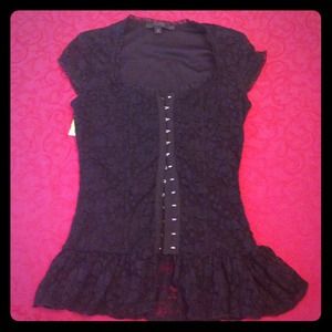 Black lace hook-front cap sleeve shirt.