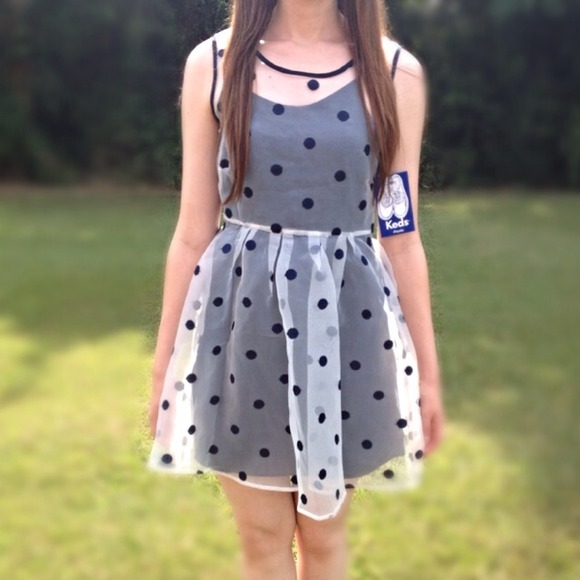 Keds Dresses & Skirts - Sheer Ivory and Navy Dot Dress