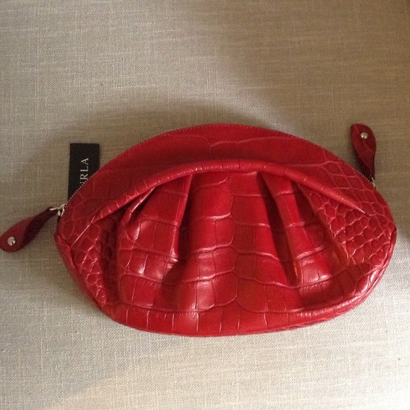 Furla Fire Red Crocodile Embossed Clutch