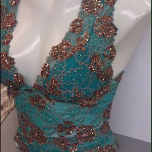 Lace aqua blue with brown sequence top