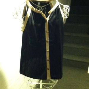 Black semi sheer top with tan trim