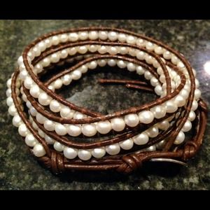 Chan Luu White Pearl Wrap Bracelet/Brown Leather