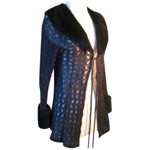 Sweaters - Brown lacy sweater with faux fur collar and cuffs