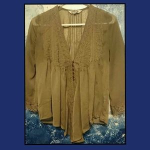 Brown Low Cut Button Up Sheer Top