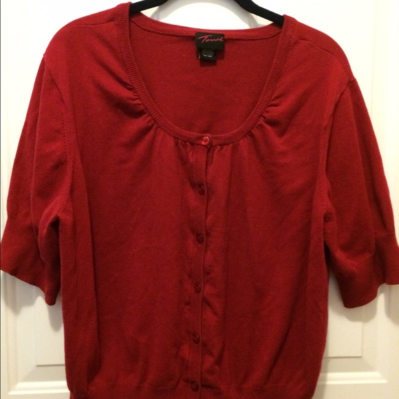 Red short sleeve cardigan sweater