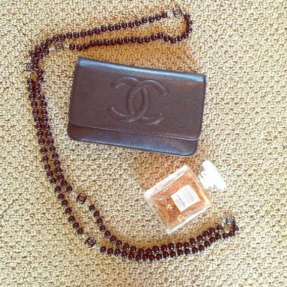 Chanel Black Beaded Necklace with Black CCs