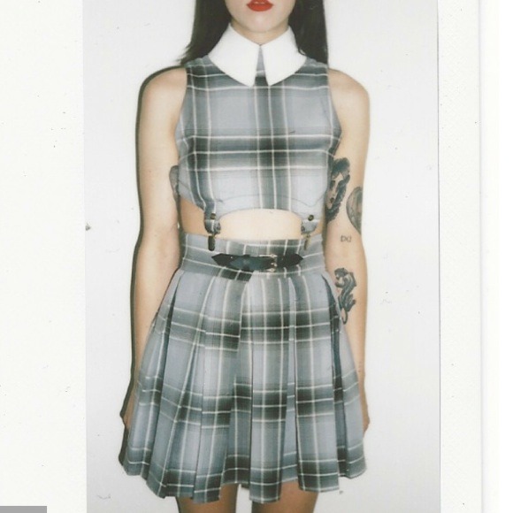 Zeta Collar Suspender Top & Skirt Grey Tartan Set