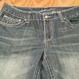 Blue jeans. A little wear on bottom back hems