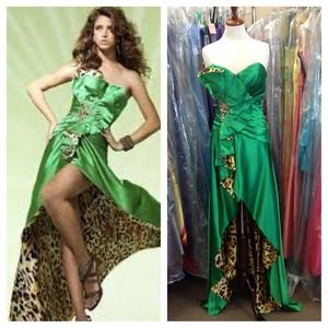 Charmeuse hi-low gown featuring leopard print!