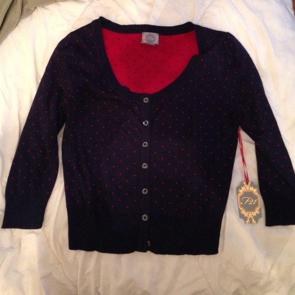 Navy blue button sweater w/ red polka dots