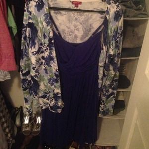 Dark blue dress and watercolor cardigan.