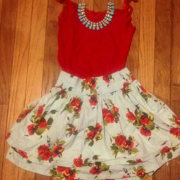 Tiffany Blue Floral Skirt & Red Tank Top
