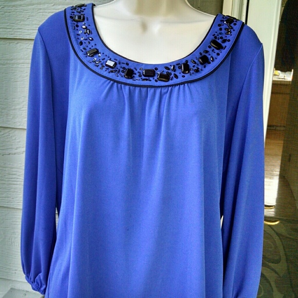 NAVY BLUE/BLACK EMBELLISHED 3/4 SLEEVE TOP L
