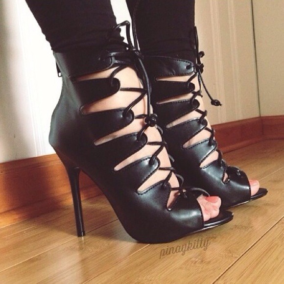 Zarah Black Leather Lace Up Heels