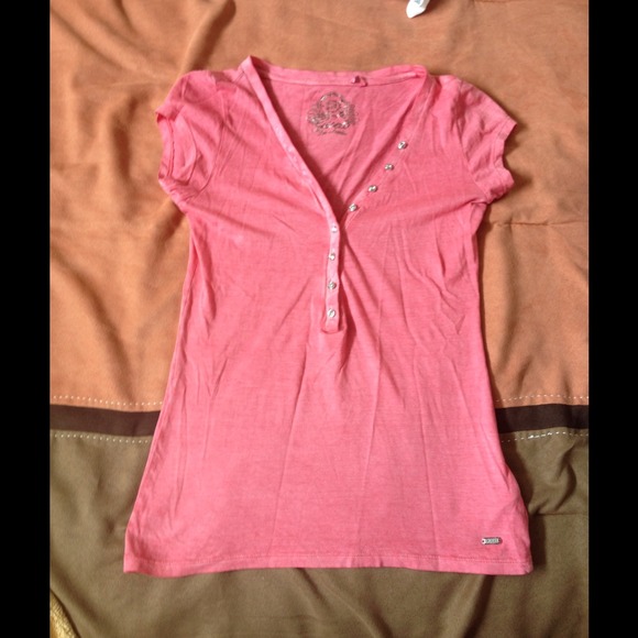 Pink distressed Guess Tee w/ crystal buttons