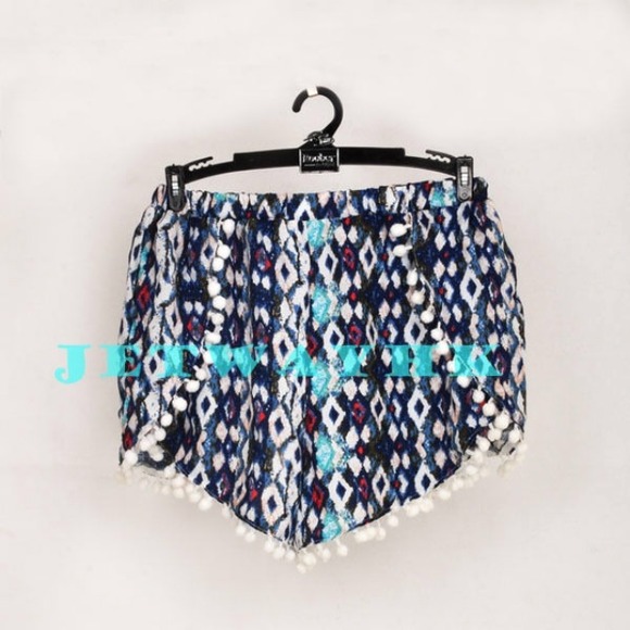 Pants - High waist blue pom pom shorts