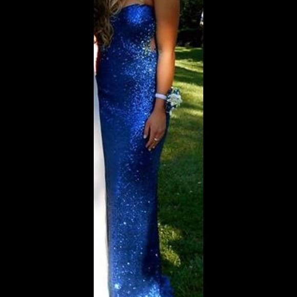 Blue Beaded sequence long prom dress open back - Picture 1 of 4