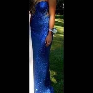 Blue Beaded sequence long prom dress open back
