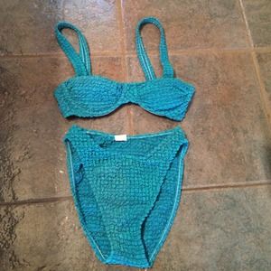 Textured two piece teal high rise bathing suit