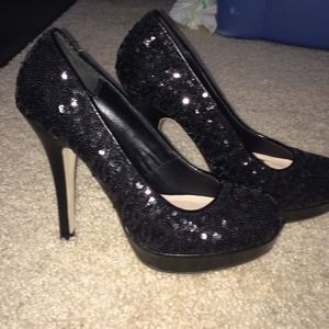 worn once, black sequin pumps