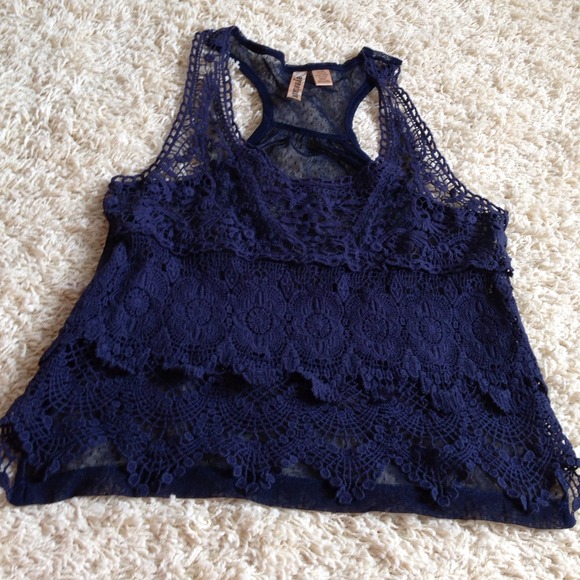 Blue crocheted razor back top