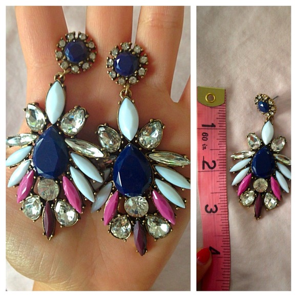 Navy Crystal Stud Drop Statement Earrings - Picture 3 of 4