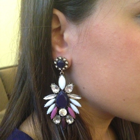 Navy Crystal Stud Drop Statement Earrings - Picture 4 of 4