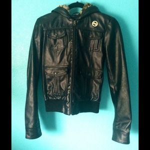 Obey Faux Leather Jacket with Leopard Lined Hood