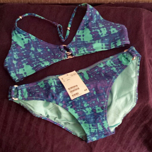 Girls blue & purple print two piece swim suit