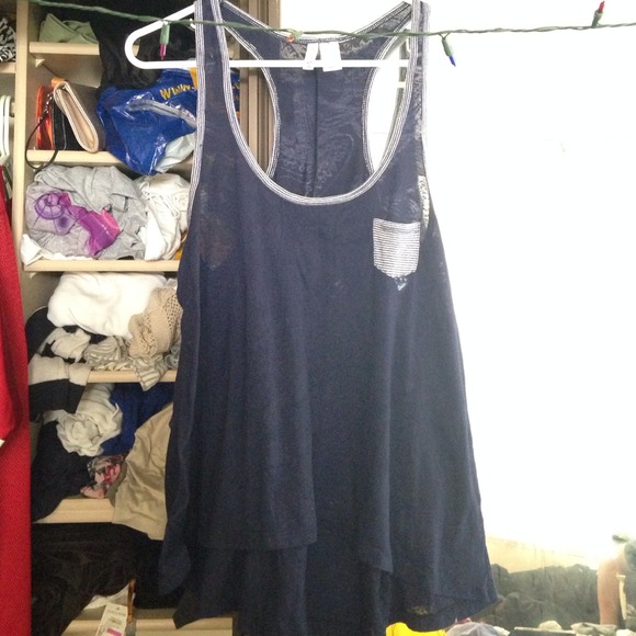 Navy blue racer back tank, striped accents. - Picture 1 of 2