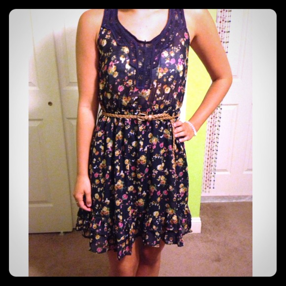 Floral Dress with Brown Belt