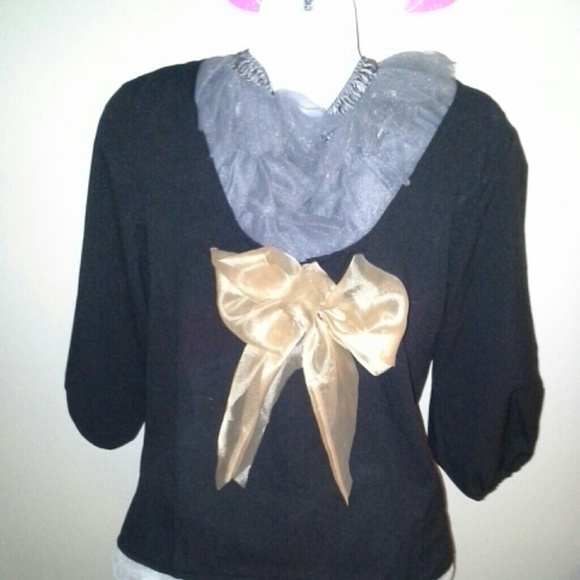 NWT SHEER BLACK SCOOP BACK? GOLD BOW BLOUSE