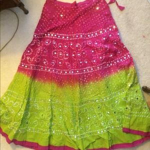 Ankle-Length, Pink&Green Cotton Skirt w/Lining