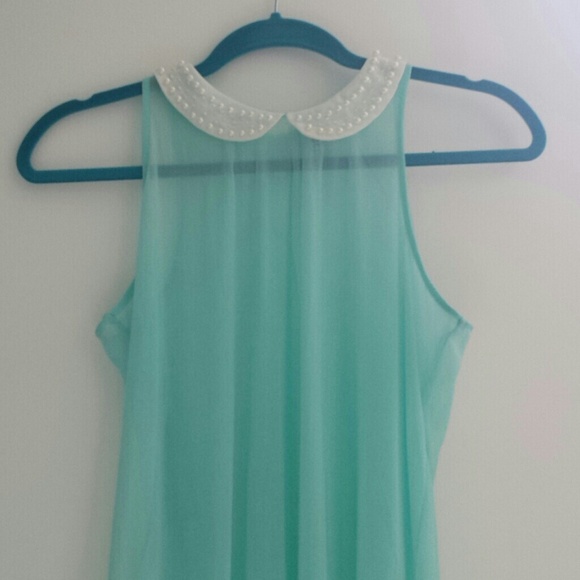 SHEER TURQUOISE BLUE GREEN PEARL COLLAR TANK TOP