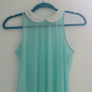 SHEER TURQUOISE BLUE GREEN PEARL COLLAR TANK TOP