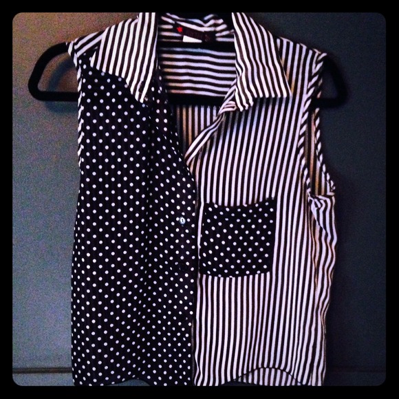 Sheer button-up polka dot/stripe tank, tie front - Picture 1 of 1