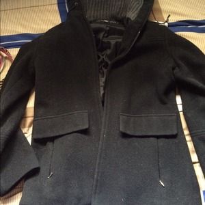 Black wool pea coat w/ hood. will be dry cleaned