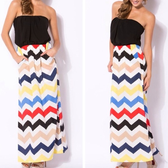 Dresses & Skirts - Chevron Print Strapless Maxi Dress