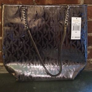 Michael Kors MK Logo mirror metallic silver tote