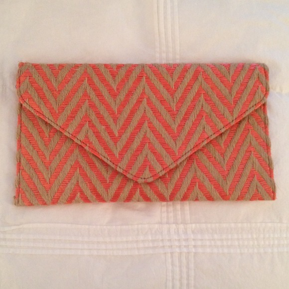 NWOT Envelope Orange and Tan Woven Chevron Clutch