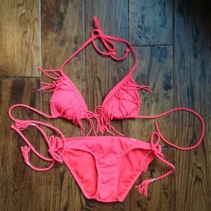 LA Hearts Hot Pink Fringe Triangle Swimsuit Bikini